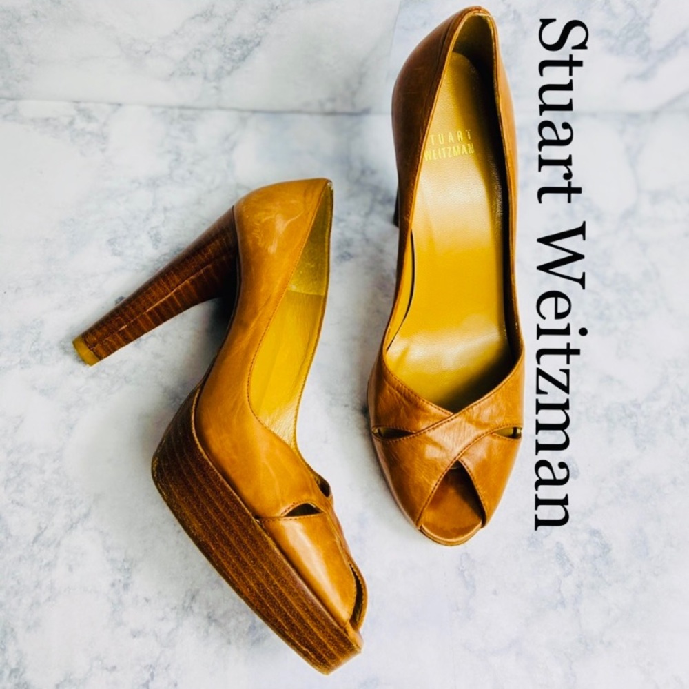 Stuart Weitzman Peep Toe Cognac Heels: Size 7 - image 1